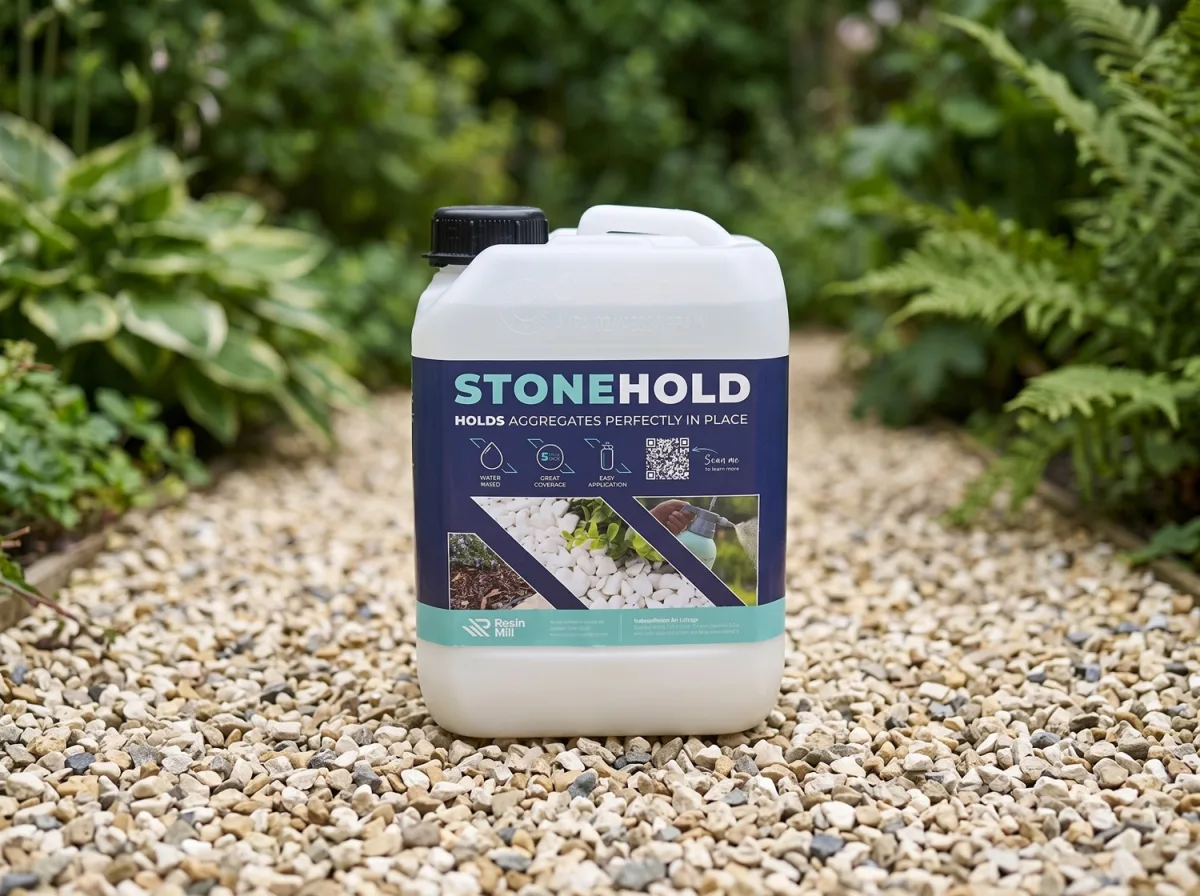 A 2.5 L pack of StoneHold standing on a bound gravel garden path
